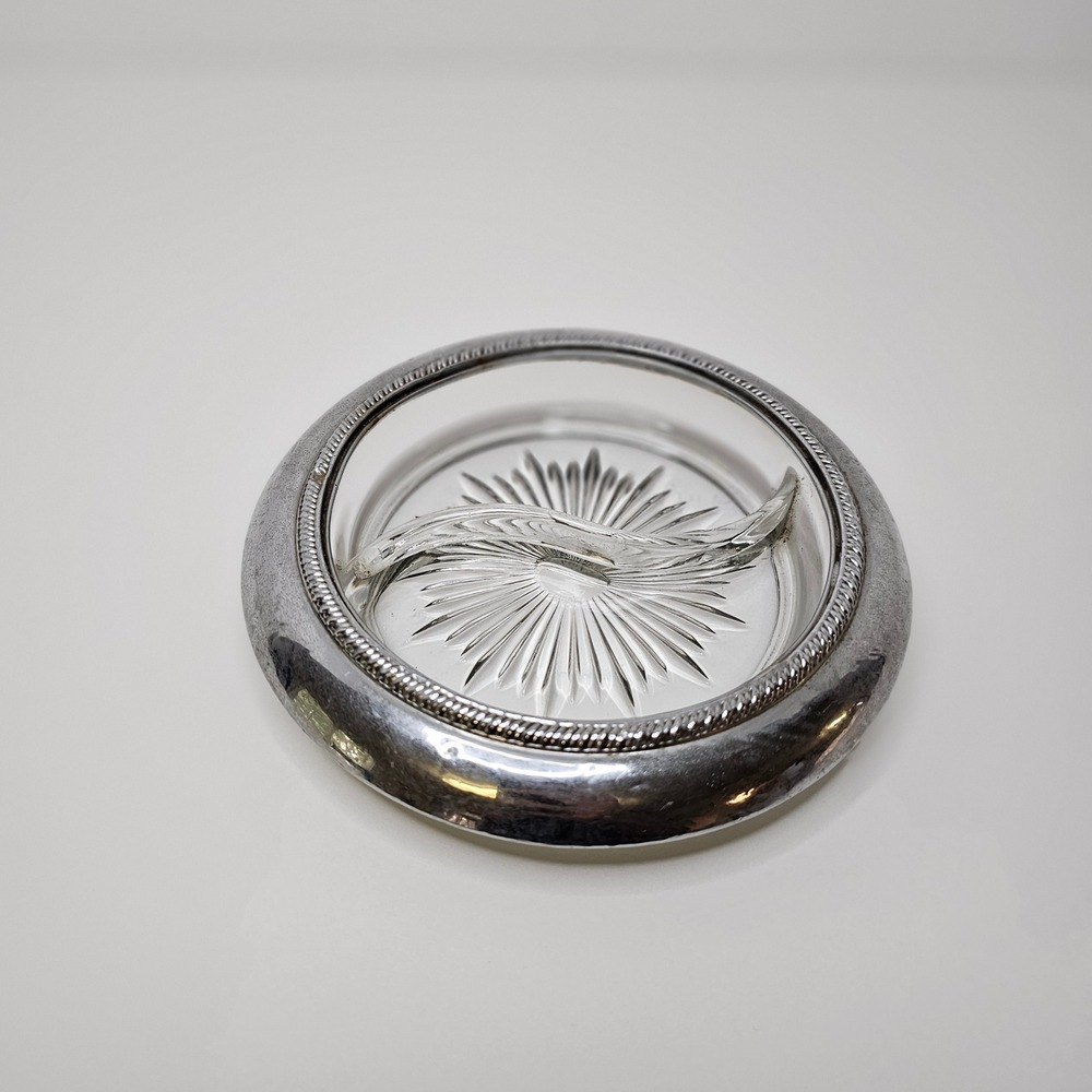 Vintage Silver Tone Metal Rimmed Glass Ashtray